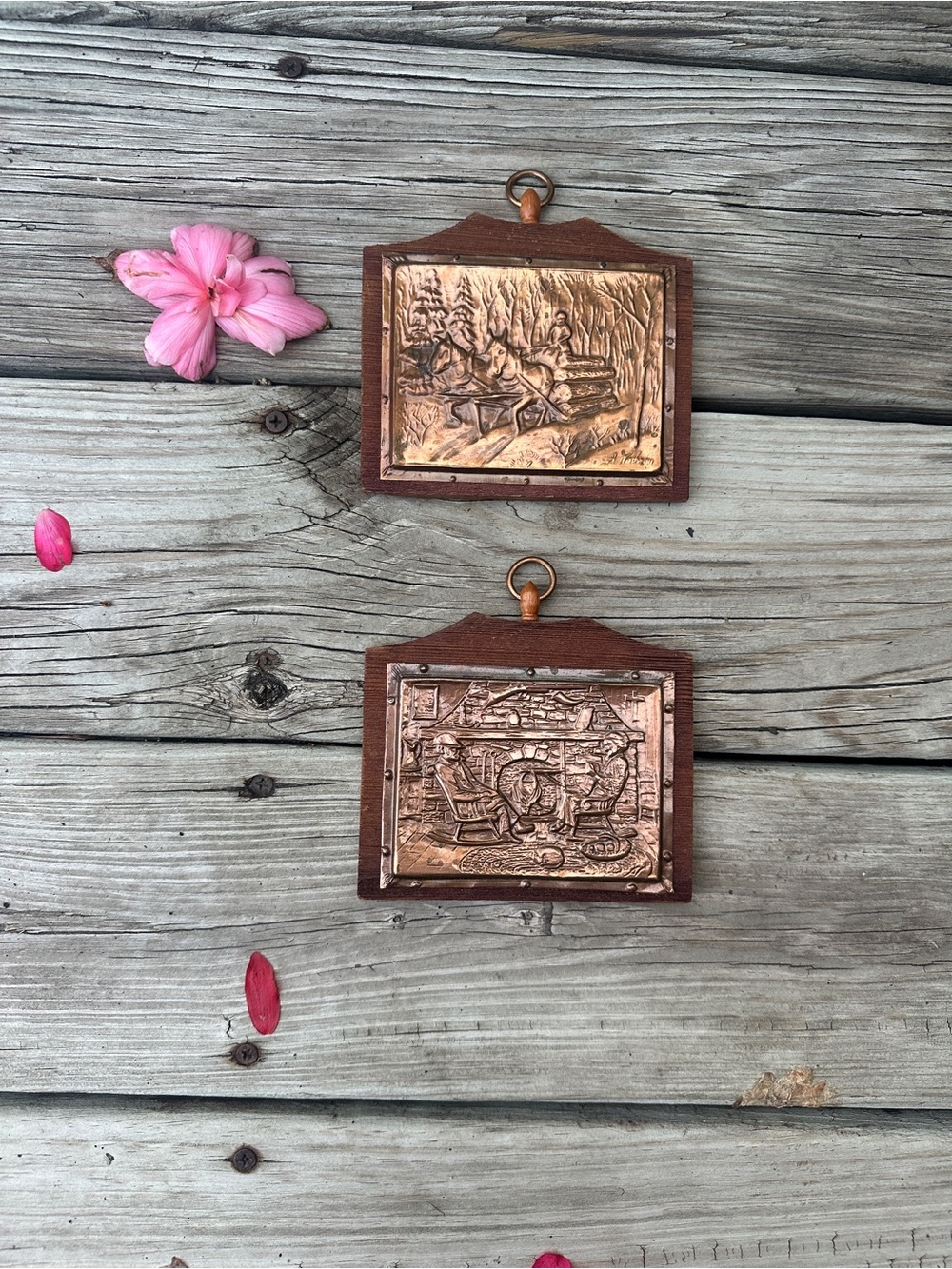 Pair Embossed Copper Art Over Wood Numbered Signed A. Nadeau Quebec CA Vintage